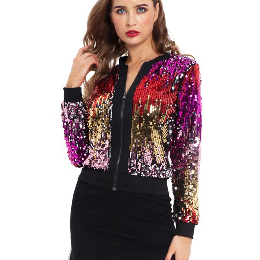 womens sequin bomber jacket