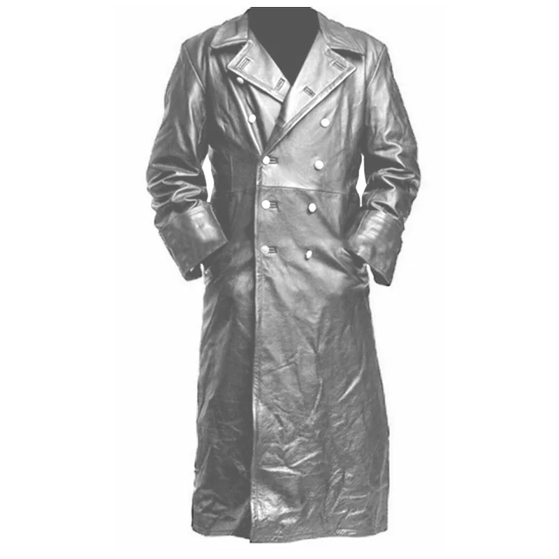 Men's WWII German Classic Officer Trench Coat Black Leather TV & Movie Costume