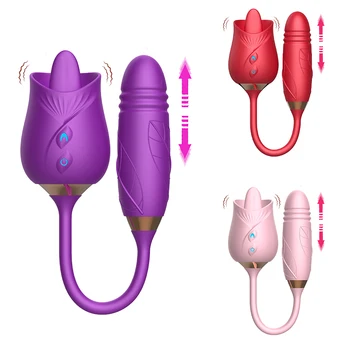 Tongue Licking Rose Dildo Thrusting Vibrator, Extendo Rose Shaped Vibrator Adult Sex Toys for Women Clitoris Stimulator