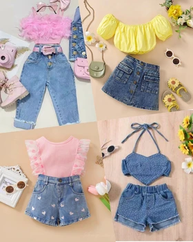 2024 Summer Autumn Clothes Set Baby Girls Halter T Shirt Denim Pants 2pcs Outfit Fashion Girls Hot Sell Clothes