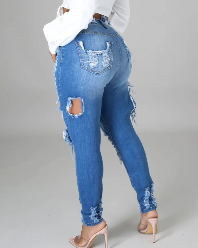Women Fashion Plus Size Scratched Ripped Women's Jeans Pants