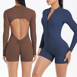 Custom Logo One Piece Sexy Ladies GYM Fitness Backless Zipper Yoga Women Jumpsuit Playsuits for Girl Bodysuit Sport Jumpsuit