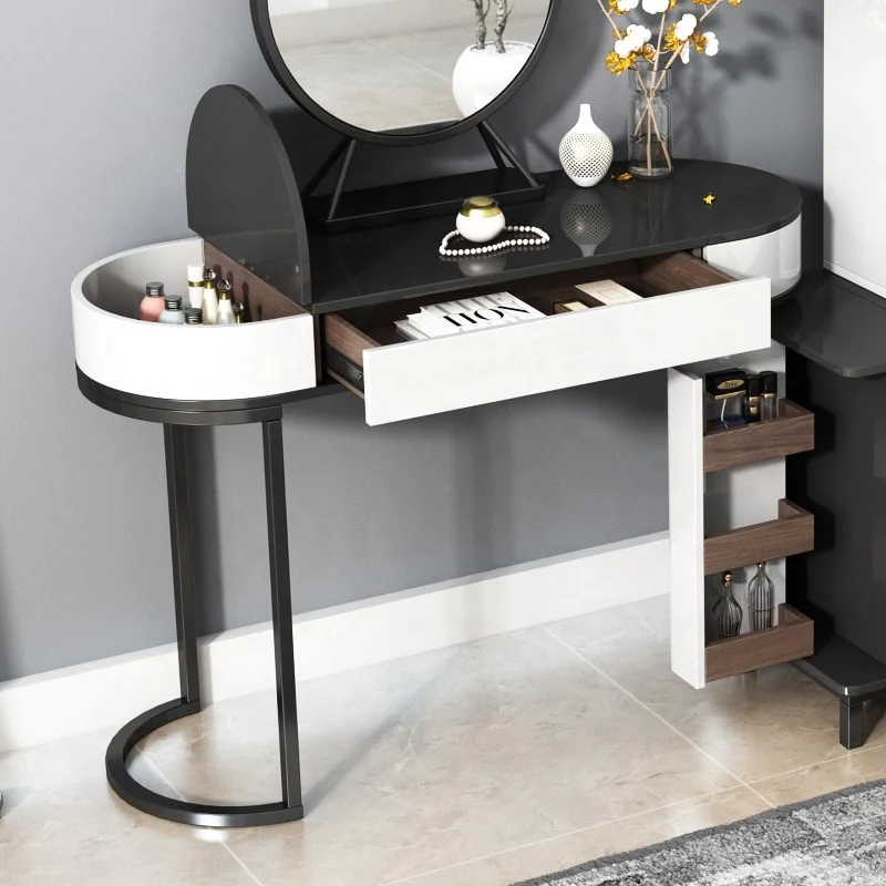 Concise Style Modern Bedroom Round Mirror Black and White Dresser Furniture Makeup Vanity