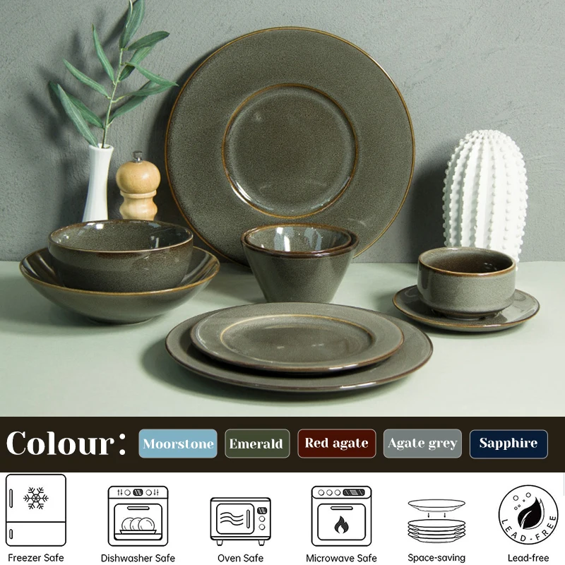 Retro Porcelain Dark Gray Reactive Glaze Tableware Plates and Bowls ...
