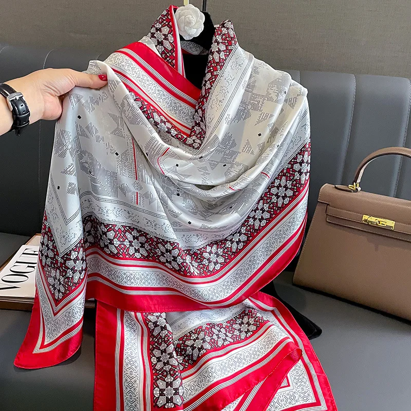 2024 Fashion Dark Green African Silk Scarf Black and White Silk Scarf for  Women 180cm Head Scarf - Main Image