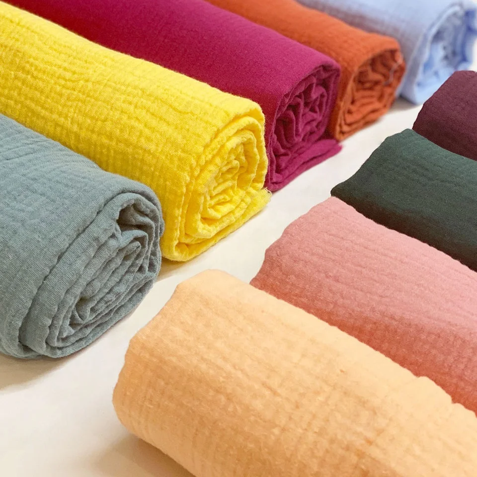 Cheap Swaddle Crepe 2 Layers Plain Dyed White Solid Color Rolls Double Gauze Wholesale 100% Cotton Muslin Fabric for Baby
