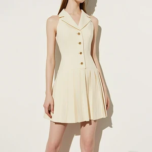 ZYHT 74007 Summer Daily Wear Women's Chic Beige Blazer Dress Single Breasted Slim Waist Mini Short Casual Elegant Pleated Dress