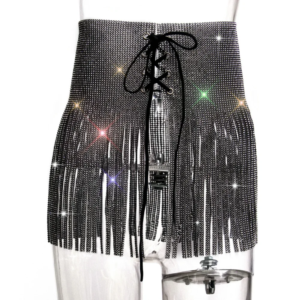 Hurly Burly Fringe Belt Skirt Silver Rhinestone Tassel Skirt