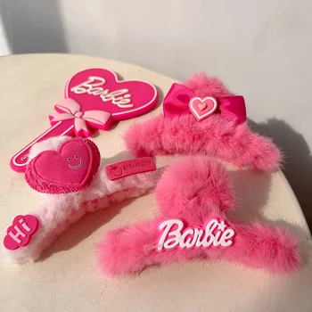 SongMay Fashion 2023 sweet pink barbie hair accessories plush heart bow hair claw hair clips for girls