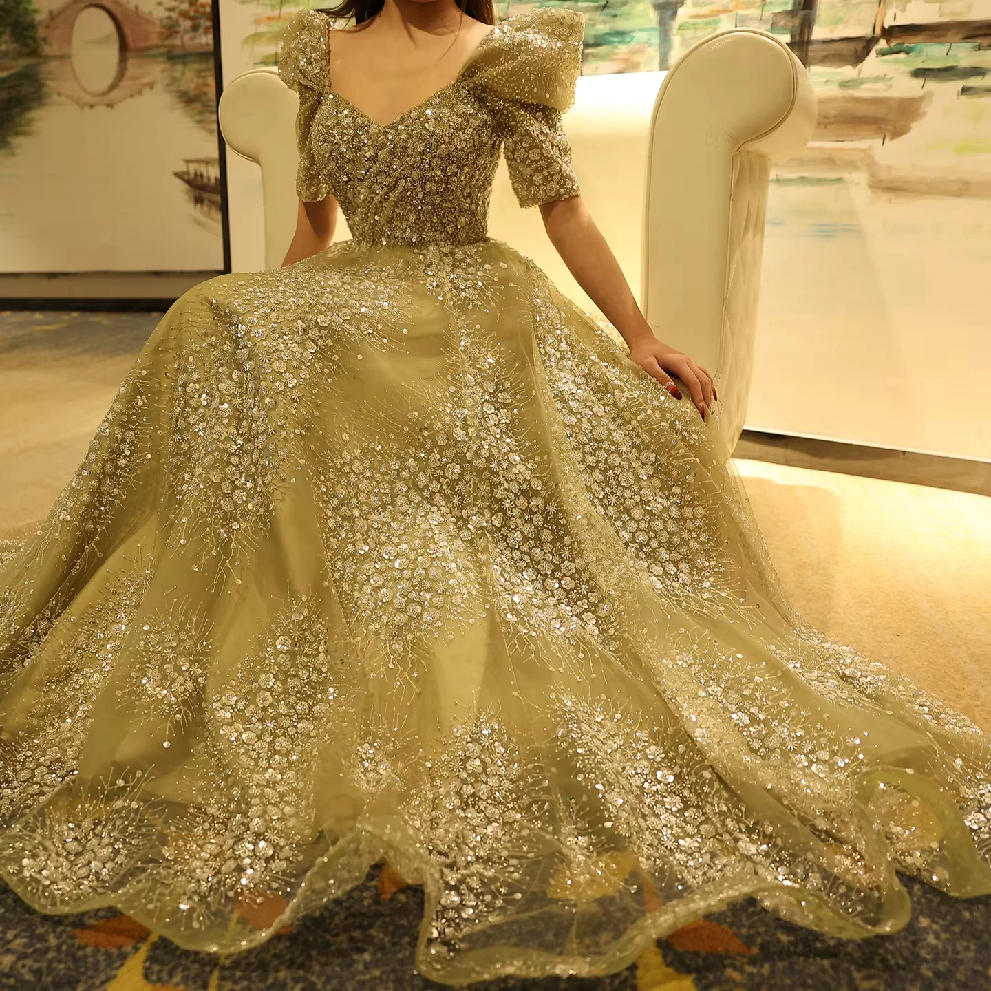 Glitter Lime Green Evening Dress for Women Wedding Engagement Arabic Women  Formal Party Gowns Sz155