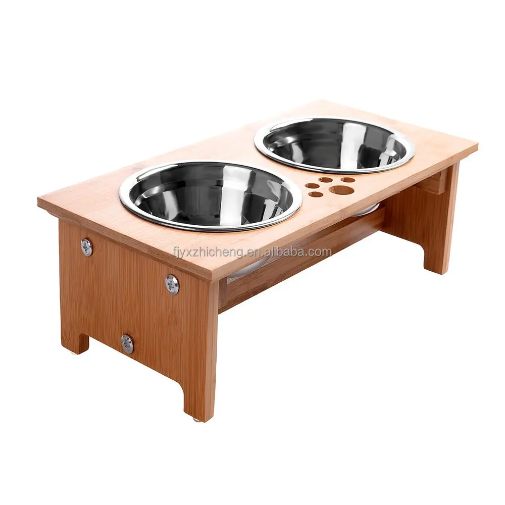 product elevated puppy food and water bowls set raised cat food bowls pet bowls with bamboo stand-0