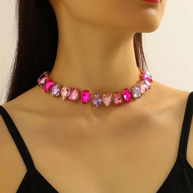 Exaggerate Chunky Colorful Crystal Geometric Necklace Sparkling Rhinestone Crystal Water Drop Necklace for Lady