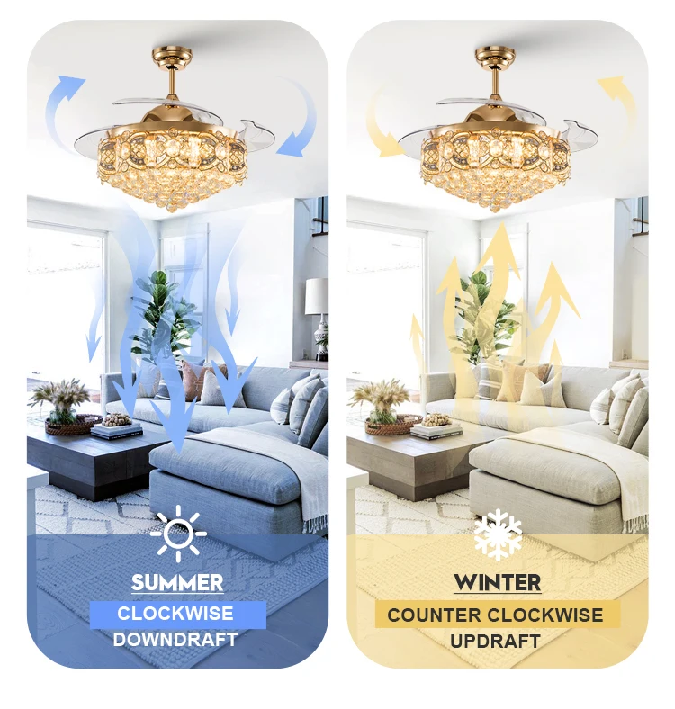 42/52 inches Remote Crystal Invisible Retractable Fan Lamp Fixture Ceiling Fan Chandelier with Light