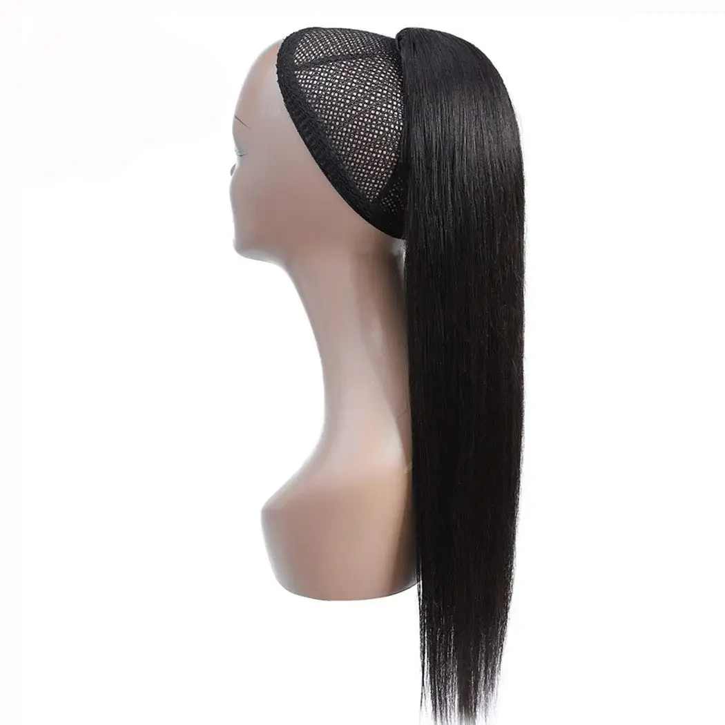 Natural Black Drawstring Ponytail Human Hair Extensions Clip-in_voghion.com