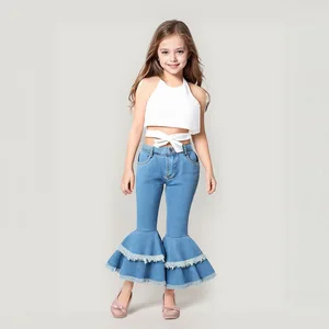Summer Fashion for Girls Casual 2-Piece Set Solid Hanging Neck Suspender Top & Denim Bell Bottoms Sizes 3T-8T Clothes for Kids