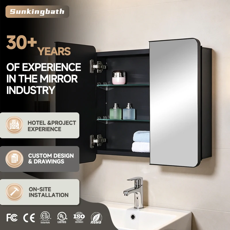 European Design Modern Recessed and Surface Mirror Cabinet 2 Door Bathroom Cabinet Medicine Cabinet With Mirror With 4 Shelves