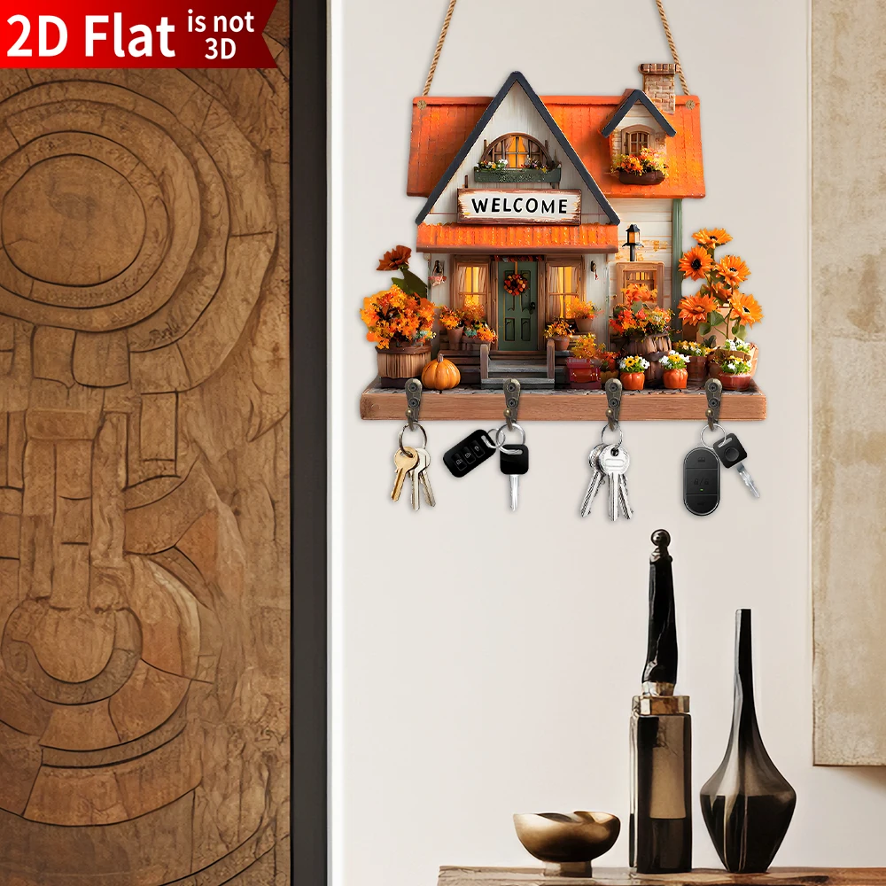 Decorative Floral Wooden Key Rack Wall Mounted Entryway Organizer_voghion.com