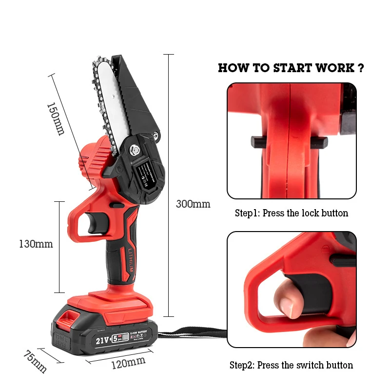 Mini Industrial 21V Cordless Electric Chainsaw with 4-inch Guide Bar for Woodworking and Garden Use
