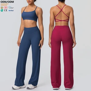 XW-7112+7126 Custom Breathable Fitness Cross Back Straight Leg Pants Sports Bra Gym Clothing Chest Pad 2 Piece Yoga Wear Set