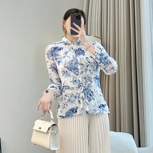 Miyake Wind Generation Women's Casual Cardigan Long Sleeve Pleated Printed Top Button Loose Slimming Temperament for Summer