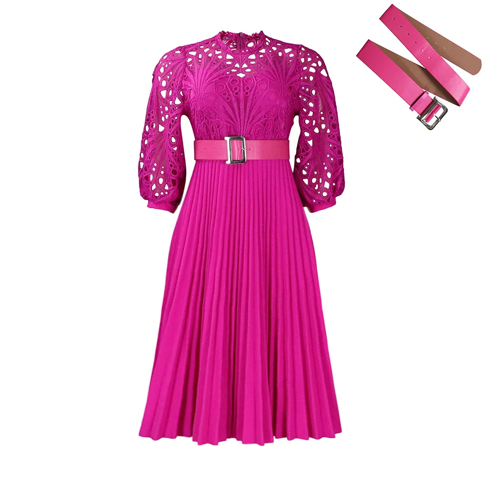 D254 Latest Design Summer Ladies Office Dresses Large Size Lace Hook Flower Hollow Pleated  Women Casual Dresses