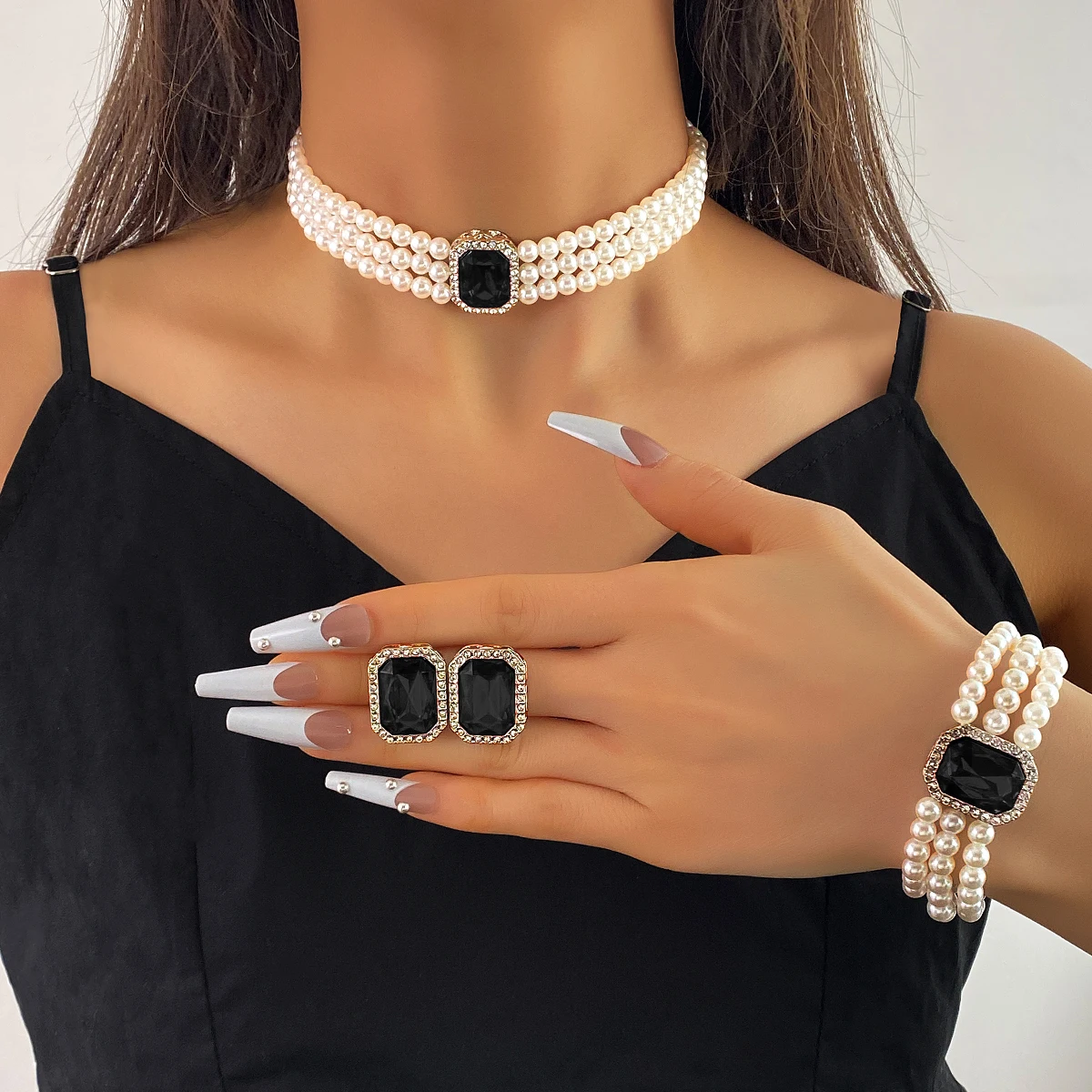 Wholesale Women Fashion Party Bridal Jewelry Set Multi Layer Pearl