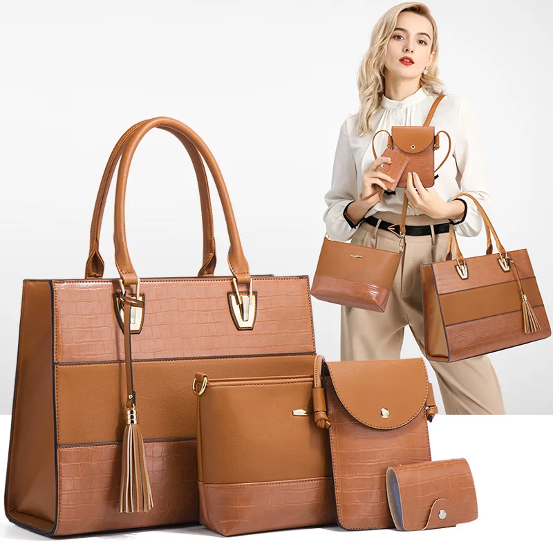 Fashion trendy PU leather bags crocodile pattern women luxury handbags ladies 4 pcs hand bag and purse set