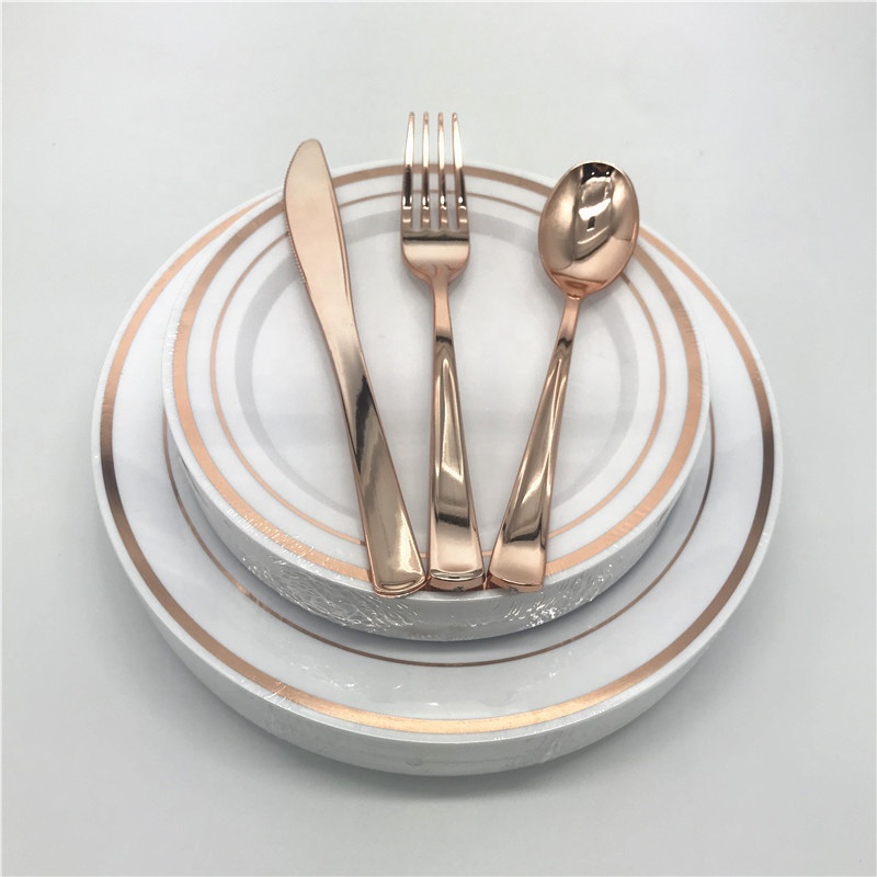 Plastic Gold Tableware Dinnerware Combo Disposable Plates Cutlery Cups Napkin