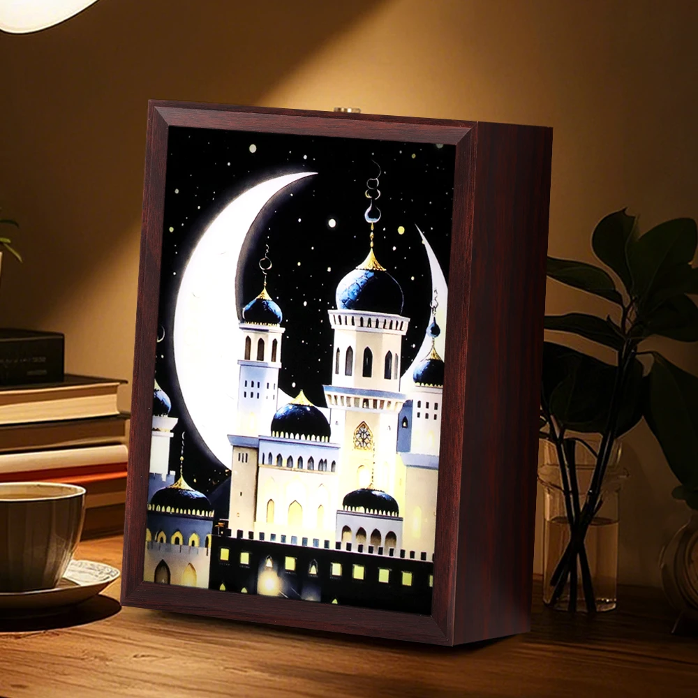 Fashionable Wooden Frame 3D Visual Muslim Islamic Architecture Luminous Bedroom Desktop Display Birthday Gift