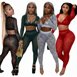 New Arrival Spring 2022 Womens Clothing Lace Hollow Out Two Piece Club Outfits Set With Mesh Leggings