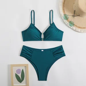 Women's Wrinkle Breathable Polyester/Spandex Two-Piece Bikini Swimsuit with Halter Neckline Push-Up Bra Lace-Up Detail