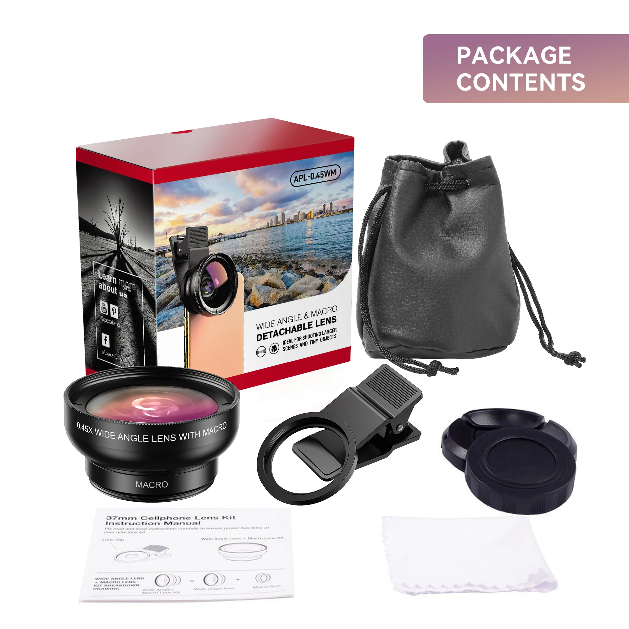Objectif Grand Angle 0,45x Et Macro 15x Pour Smartphone - Kit Avec Sac, Clipable, En ABS
