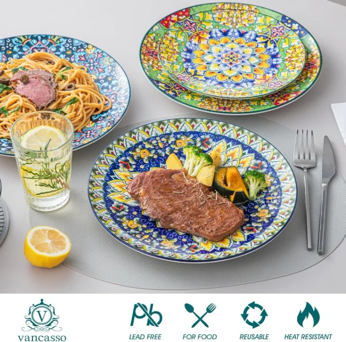 Набор из 6 керамических обеденных тарелок в богемном стиле 10 5 дюймов для микроволновой печи и посудомоечной машины красочные керамические эмалированные блюда