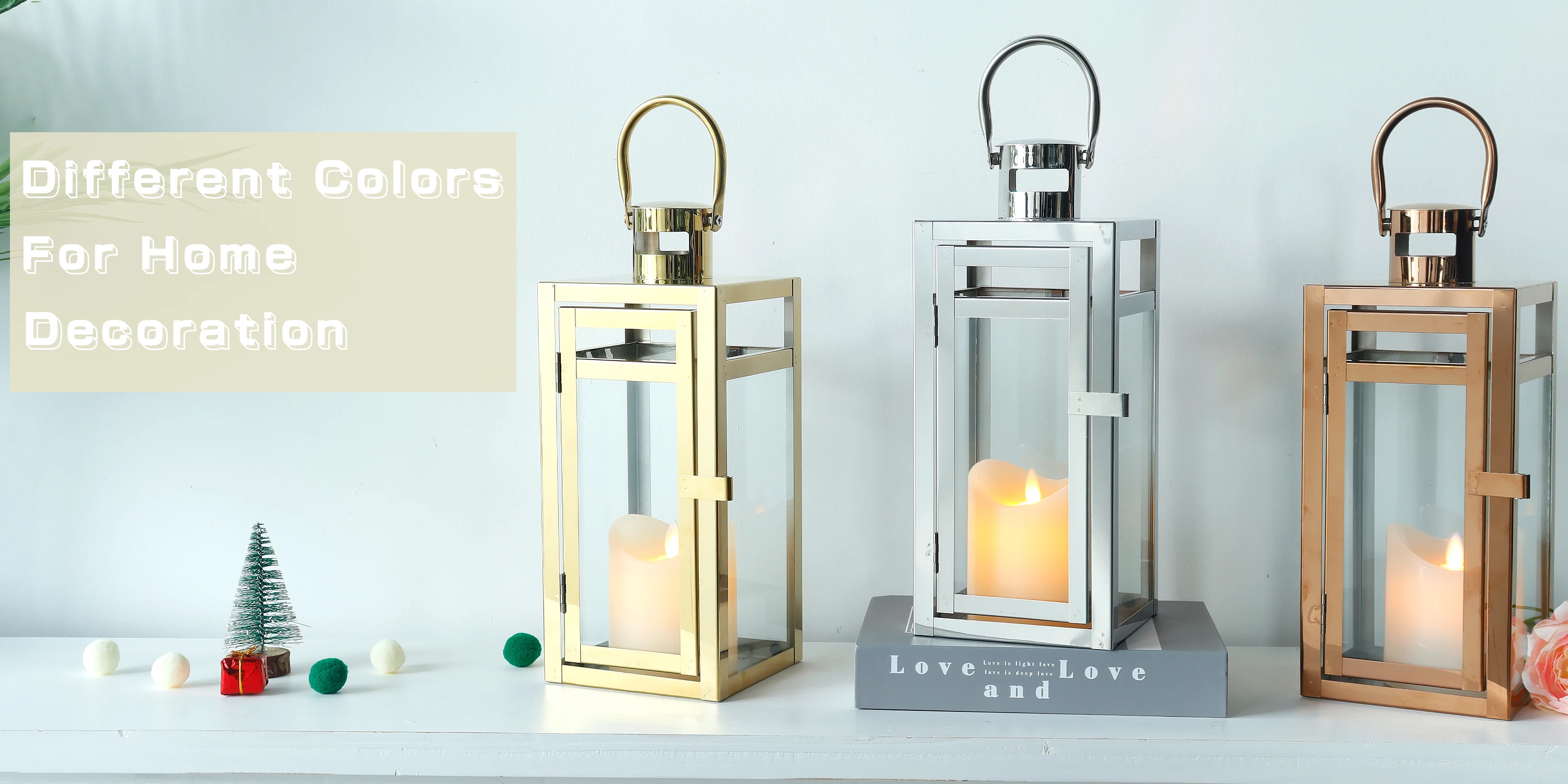 Set of 3 Luxury Rose Gold Lantern Candle Holder with Tempered Glass for ...
