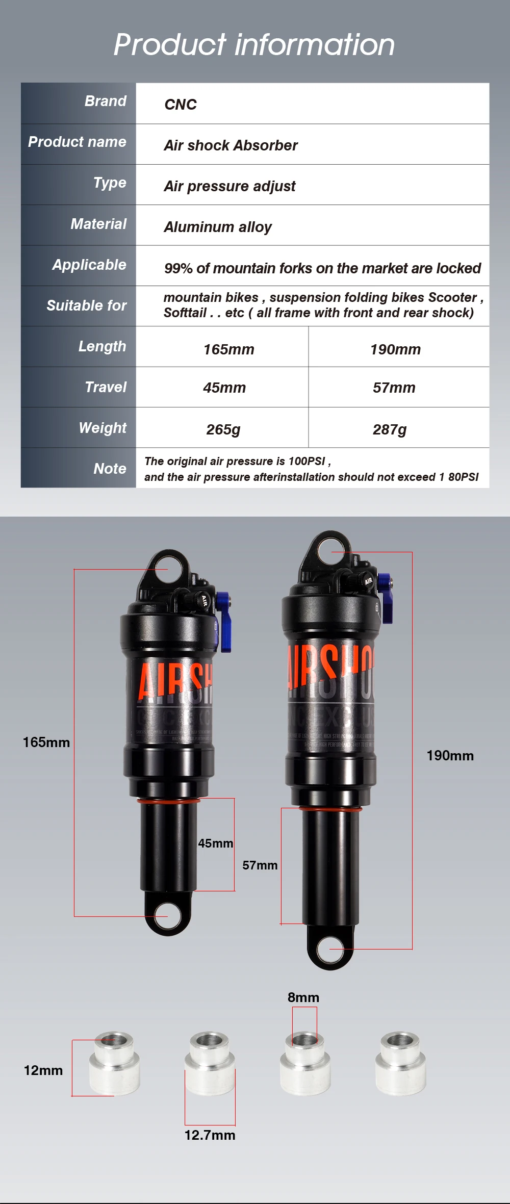 Bike Shock Absorber Air Rear Absorber Shock Mtb Bicycle Single