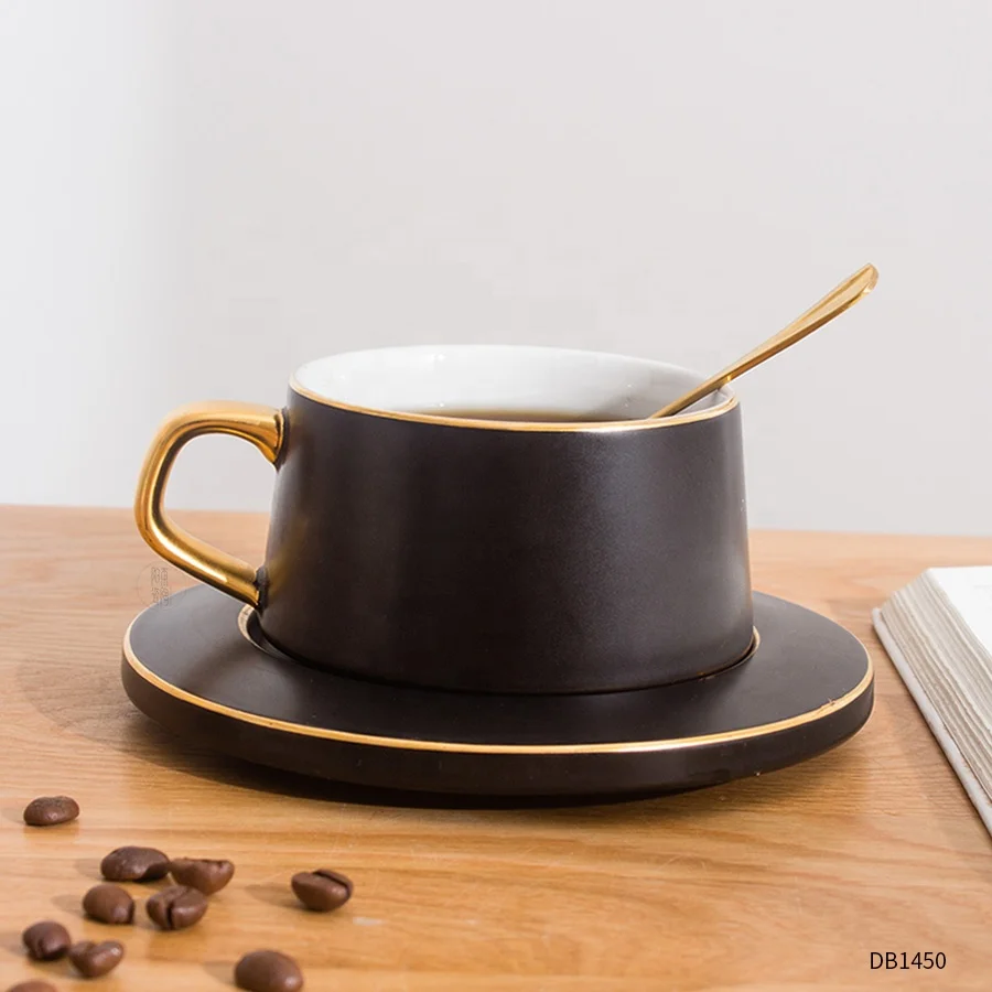 9 oz Custom Gold Handle Elegant Cafe Hotel Ceramic Cappuccino Latte Coffee Cup and Saucer Set with Steel Spoon