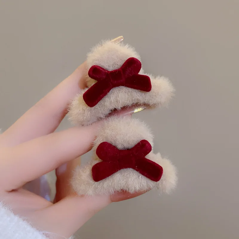 Симпатичные красные заколки для волос с бантом Мини Зимние плюшевые маленькие женщин