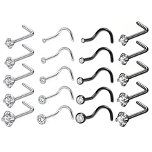 5Pcs/Set Surgical Steel L Shape Nose Stud Earrings Crystal Nostril Piercing Twist Nose Ring Nose Earrings Jewelry for Women Men
