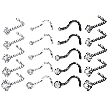 5Pcs/Set Surgical Steel L Shape Nose Stud Earrings Crystal Nostril Piercing Twist Nose Ring Nose Earrings Jewelry for Women Men