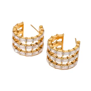 Luxury Delicate Triple Layer White Zircon 18K Gold Plated Stainless Steel Shiny C-shaped Trendy Stud Earrings