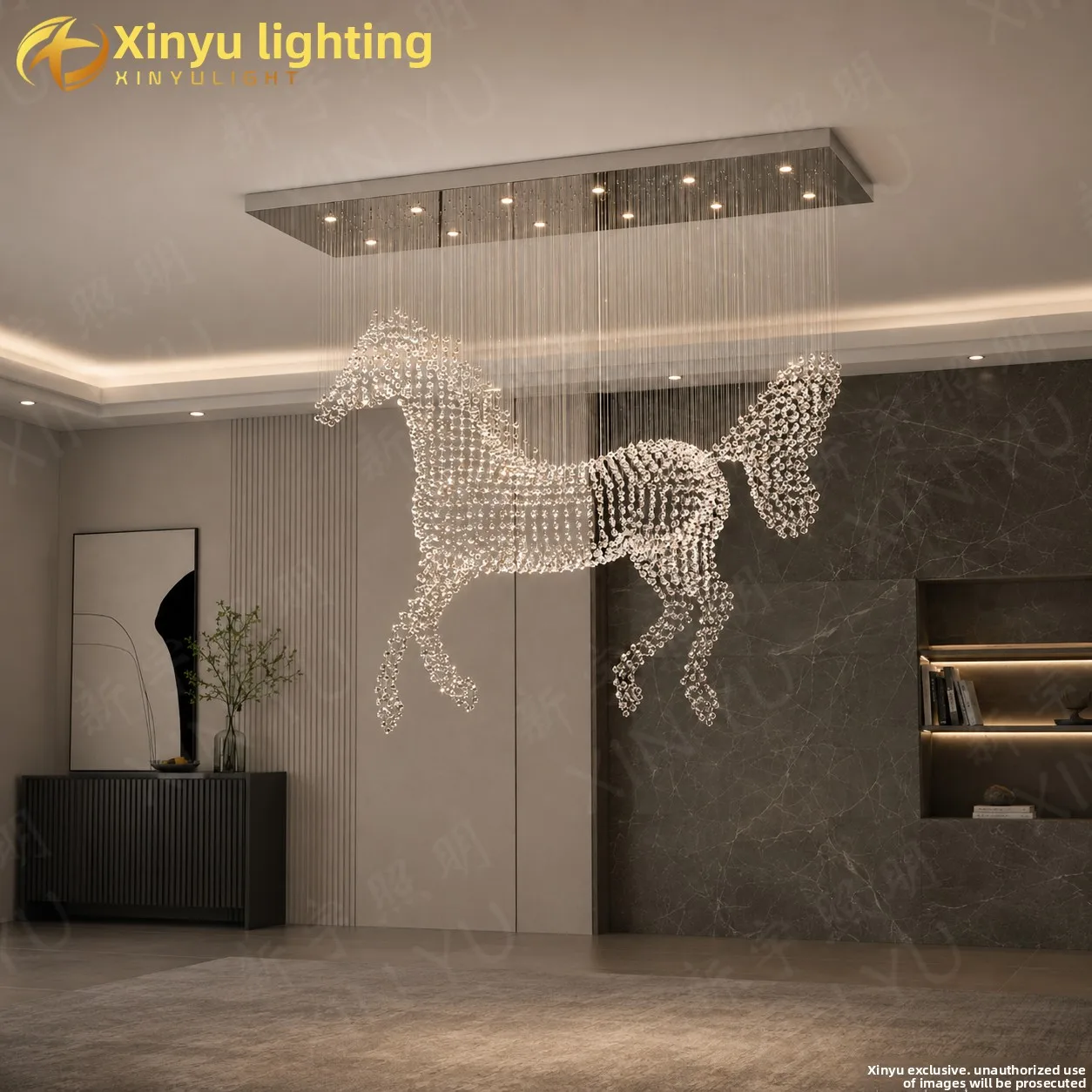 Horse-shaped Crystal LED Chandelier Dual-Purpose Installation 5-Year Warranty-Luxury Art for Hotel Banquet Hall Lighting