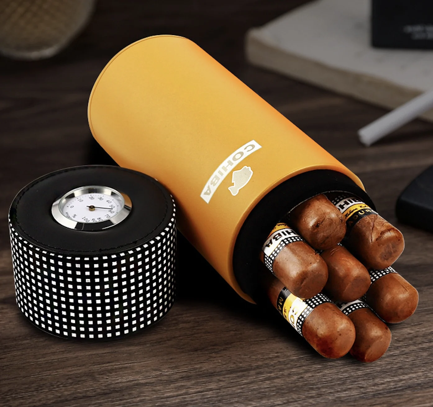 Cylinder Leather Travel Humidor Cigar Box Cedar Wood Portable Cigar