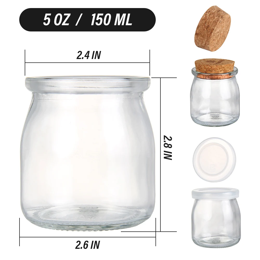 150ml Empty Glass Yogurt Container 5oz Round Jelly Glass Dairy Milk Pudding Jar with Cork