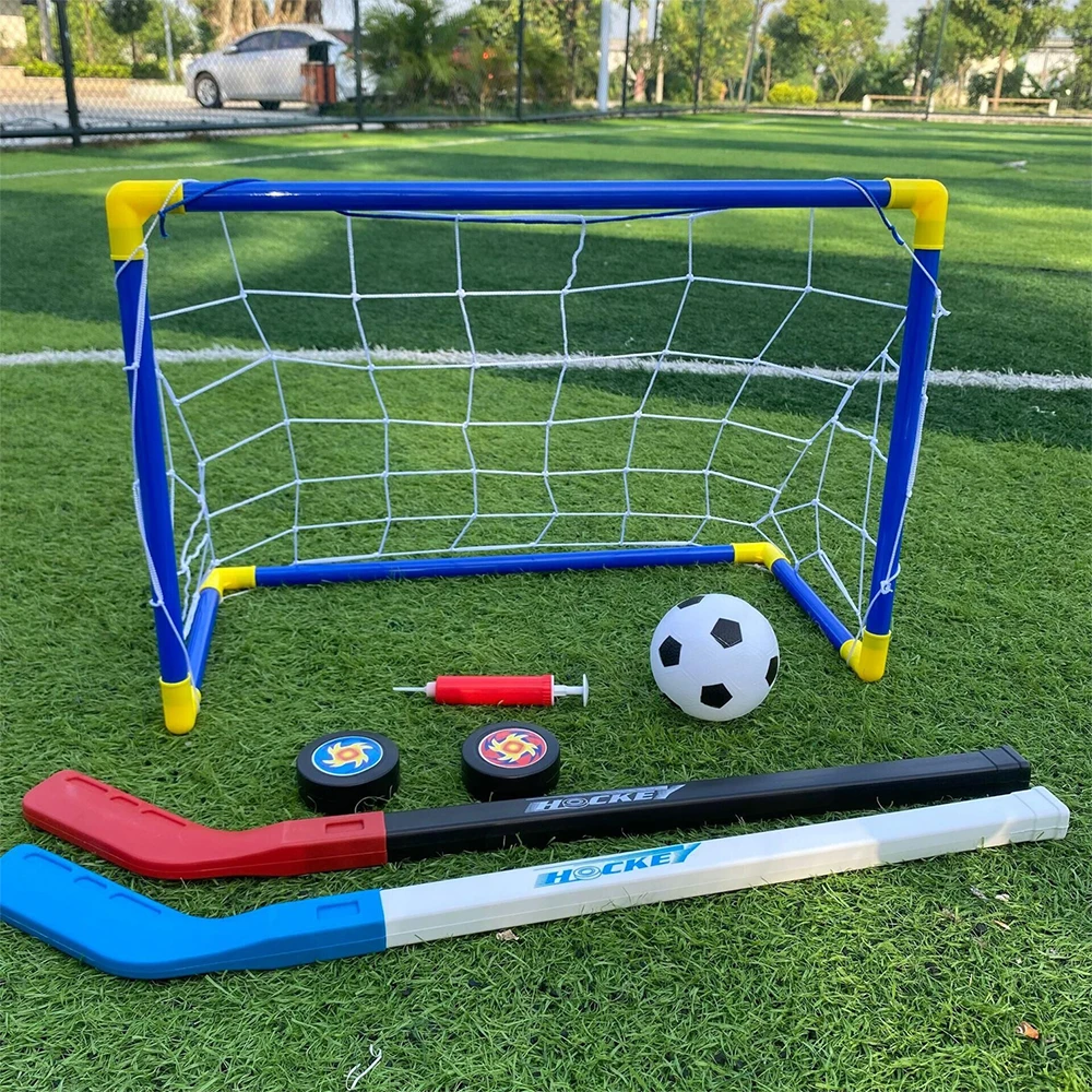 Indoor Outdoor Portable Mini PVC Hockey Stick and Soccer Goal Sports Toys Set for Kids