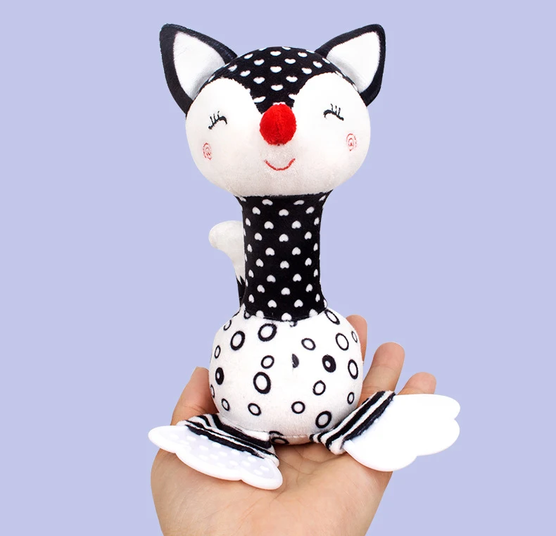 T037 Black and white hand bell baby cartoon fox elephant hand stick plush toy