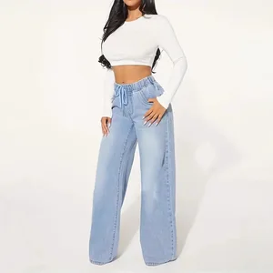 For Cross-Border European American Trade 2026 Women's Mid-Waisted Slimming Drawstring Regular Boot Cut Denim Vintage Quick