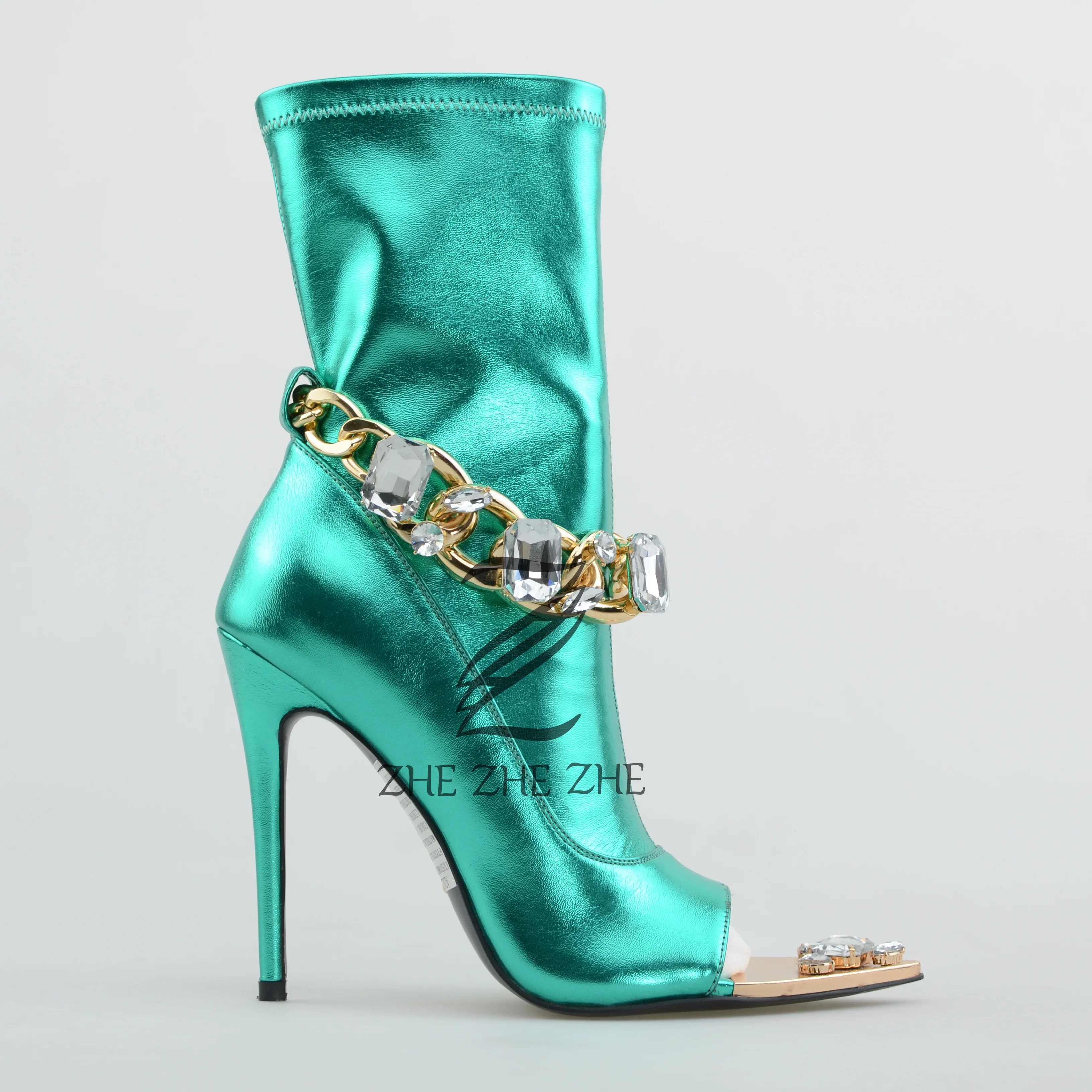 Luxury Green Pointed Toe Stiletto High Heel With Diamond Decorated Open Toe Gold Chain