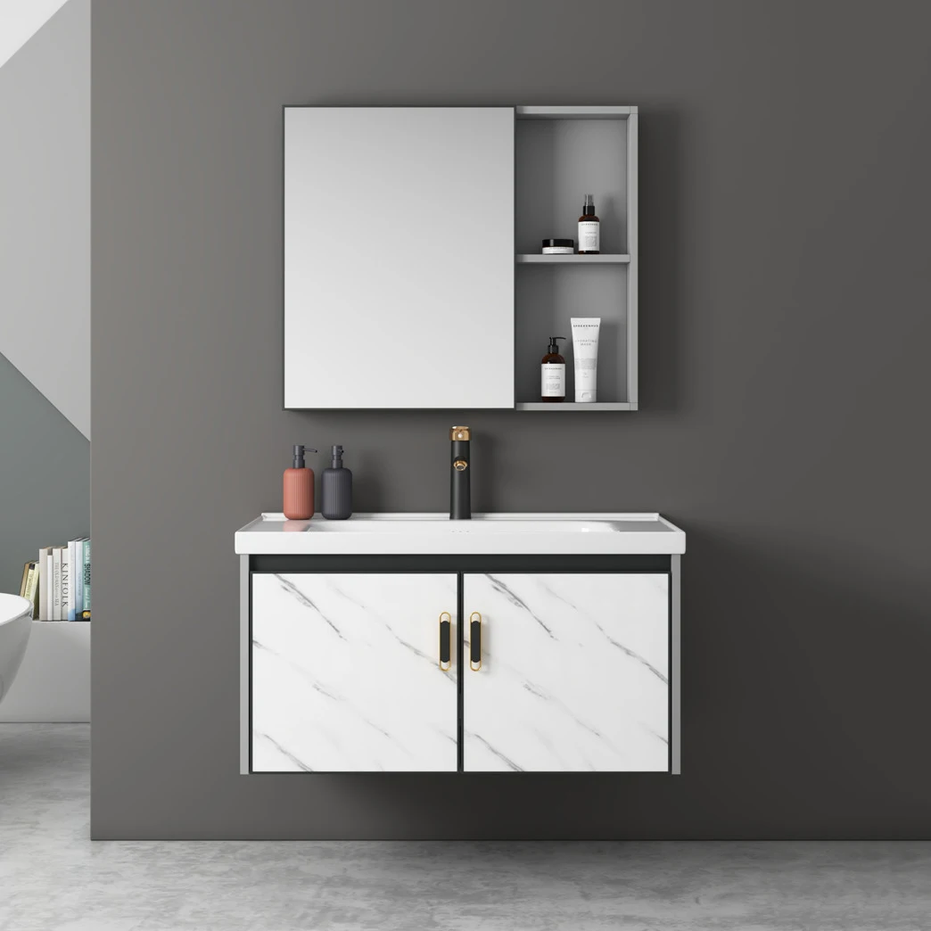 Marble design wholesale cheap modern aluminium floating wall mounted single sink vanity bathroom cabinet supplier