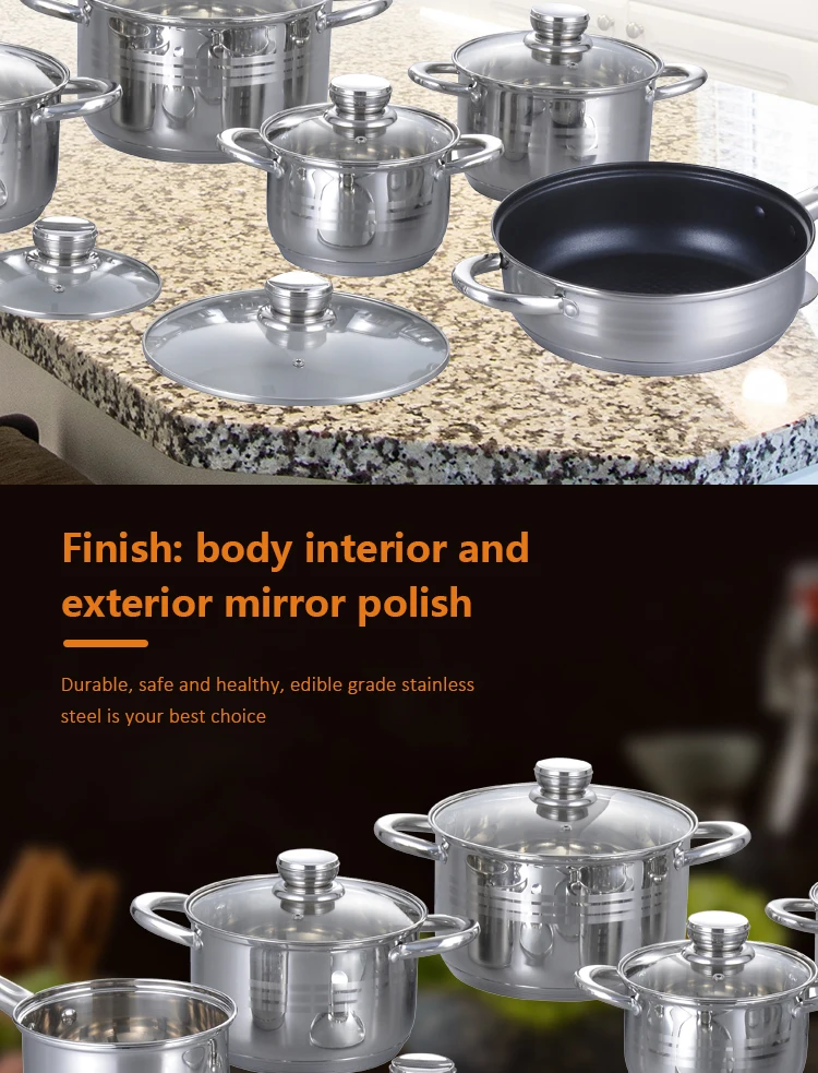 Home Kitchenware Cooking Soup Pots And Pan Sets Stainless Steel Cookware Sets With Glass Lid manufacture