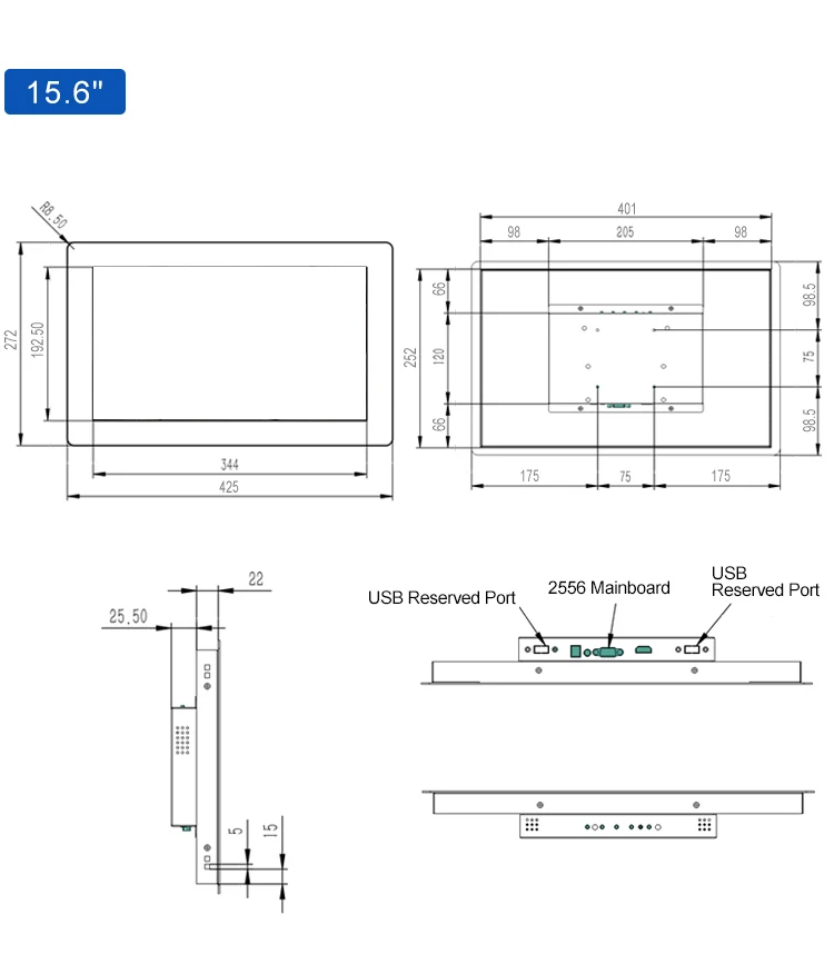 15.6 Inch 1366*768 IPS 1920*1080 VGA Capacitive Touch Metal Aluminum Frame TFT Embedded Pure Flat Industrial LED Monitor